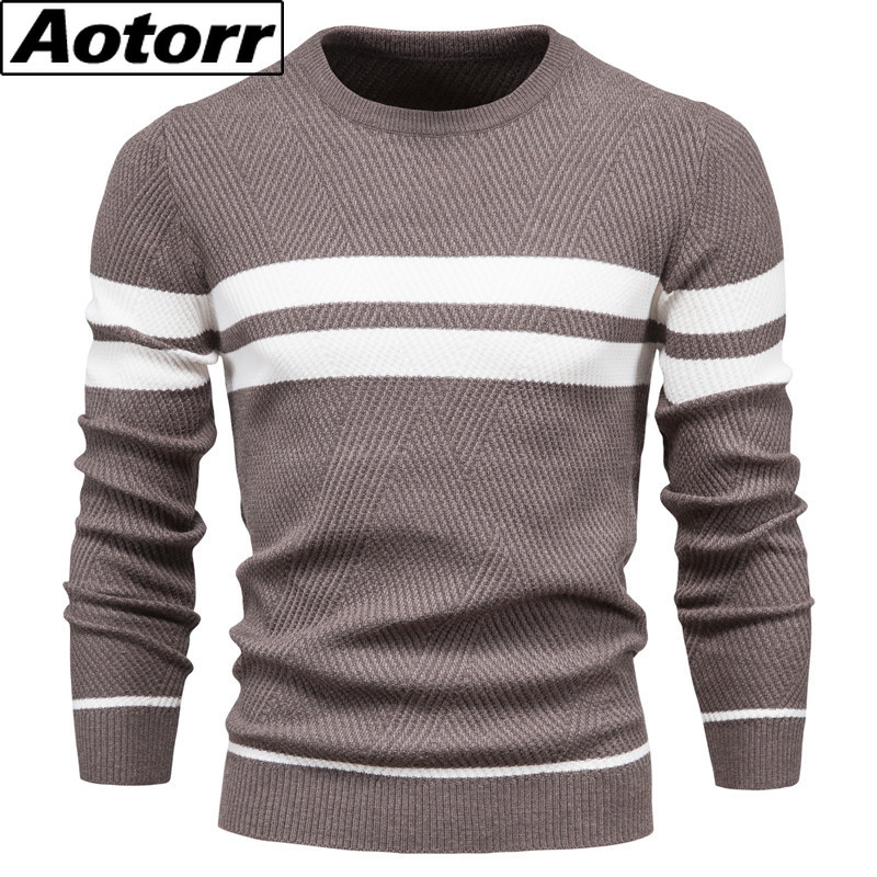 Mens Casual Striped Sweaters Autumn Winter Solid Pullover V Neck Thickened Long Sleeve Bottoming Sweater Classic Style 2022
